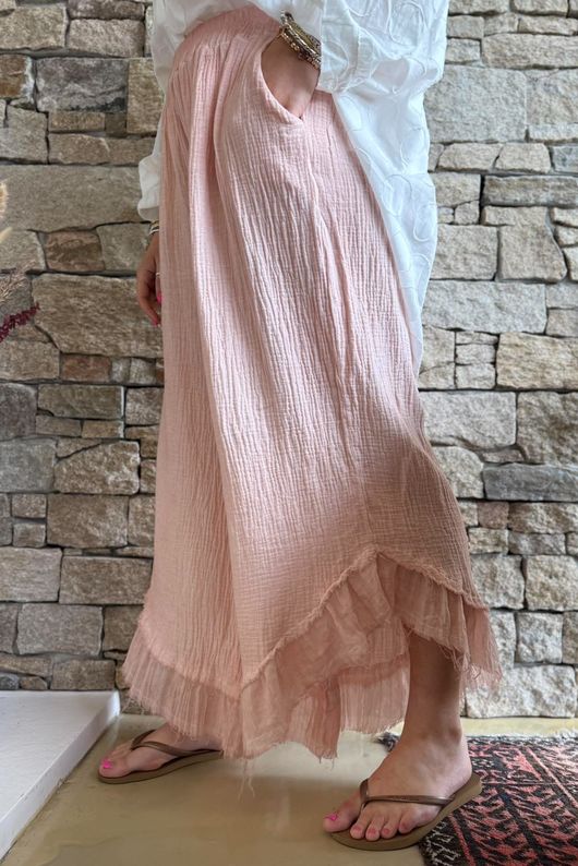 Rustic Nature Bubble Cotton Slant Frill Pant Washed Peachy Nude